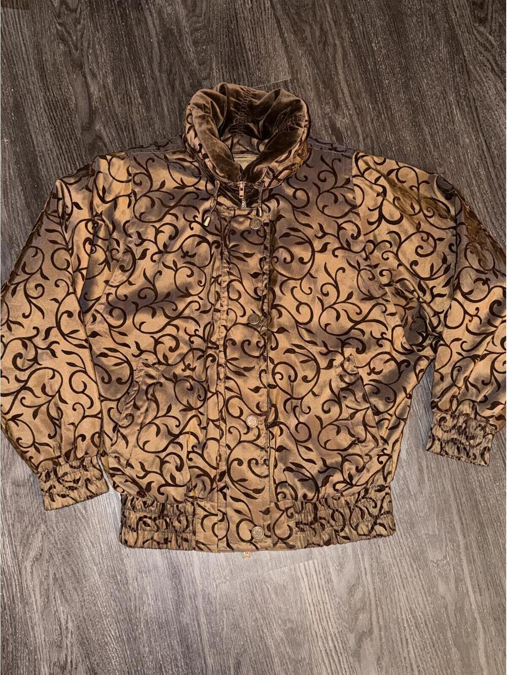 Vtg 90s London Fog Baroque Scroll Print Quilted Puffer Jacket Hooded Bronze S